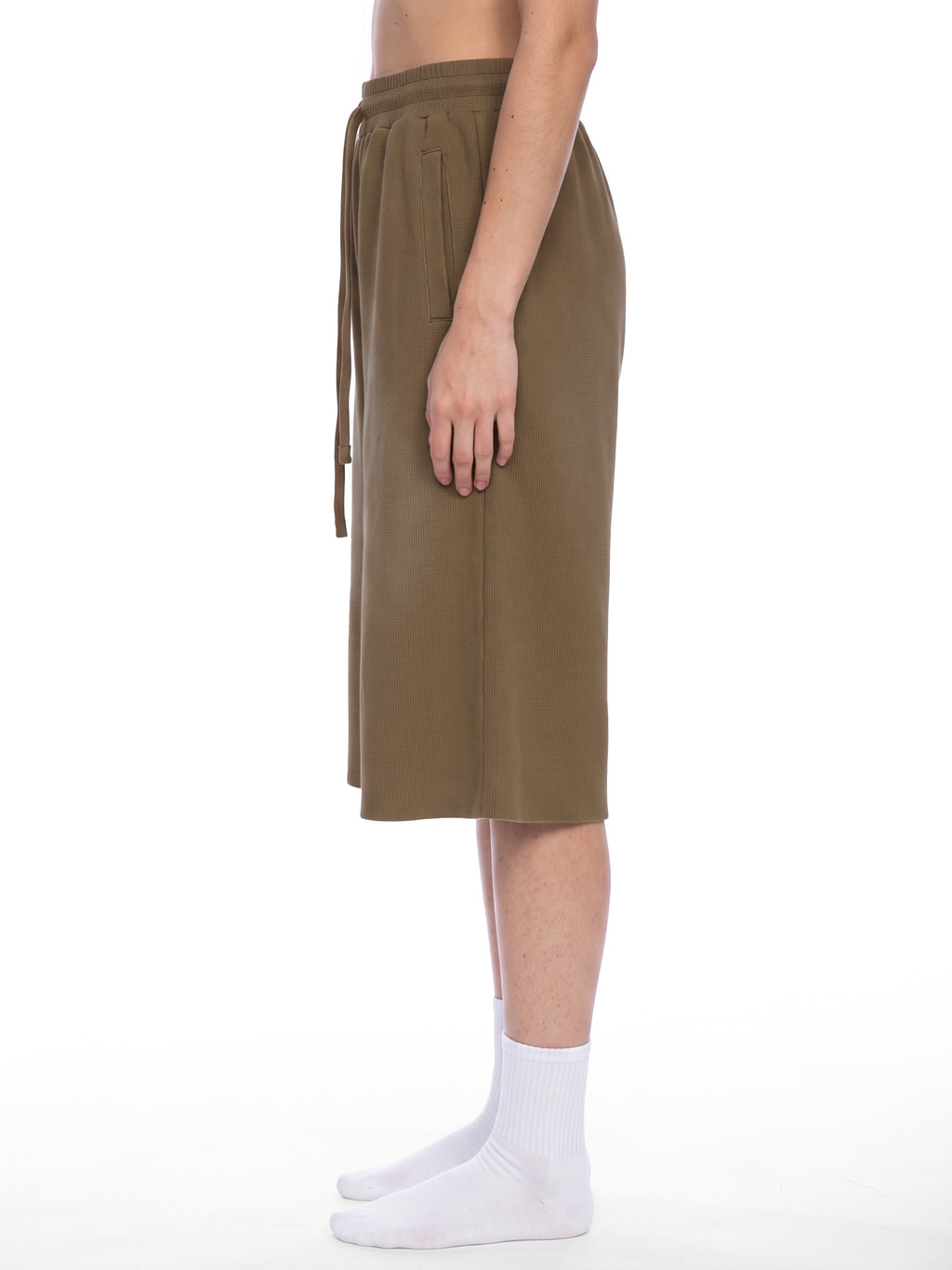 Off Script Unisex Sunfade Raw Edge Shorts Coffee model side view