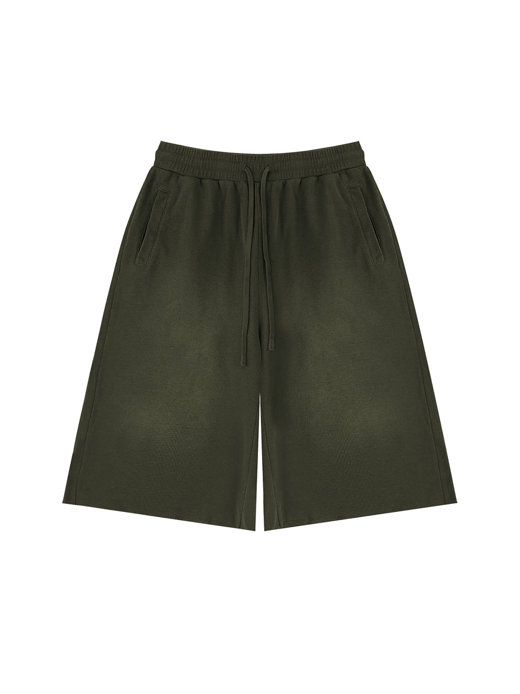 Off Script Unisex Sunfade Raw Edge Shorts Army Green front view