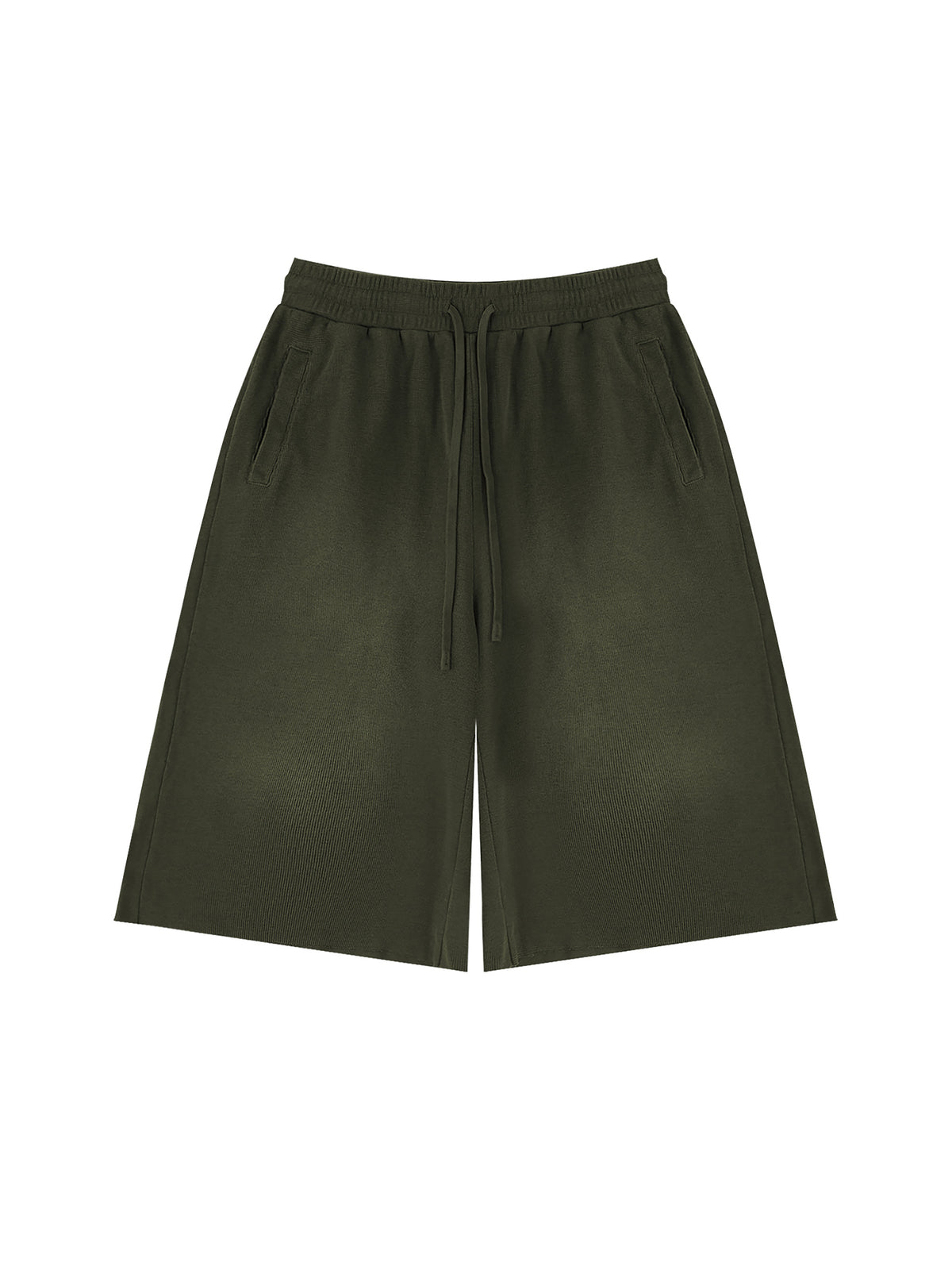 Off Script Unisex Sunfade Raw Edge Shorts Army Green front view