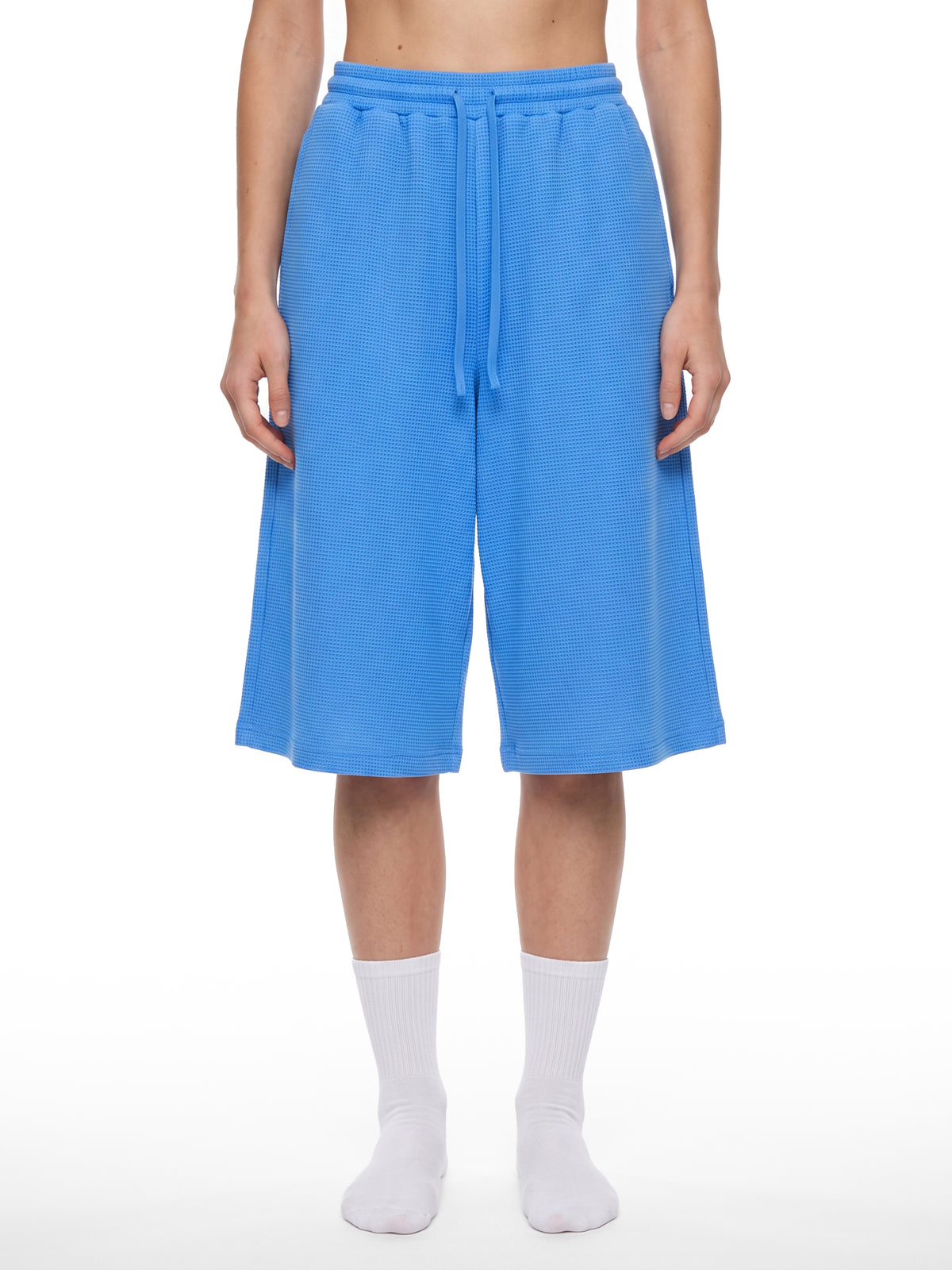 Off Script Unisex Waffle Shorts Colourful Blue model front view