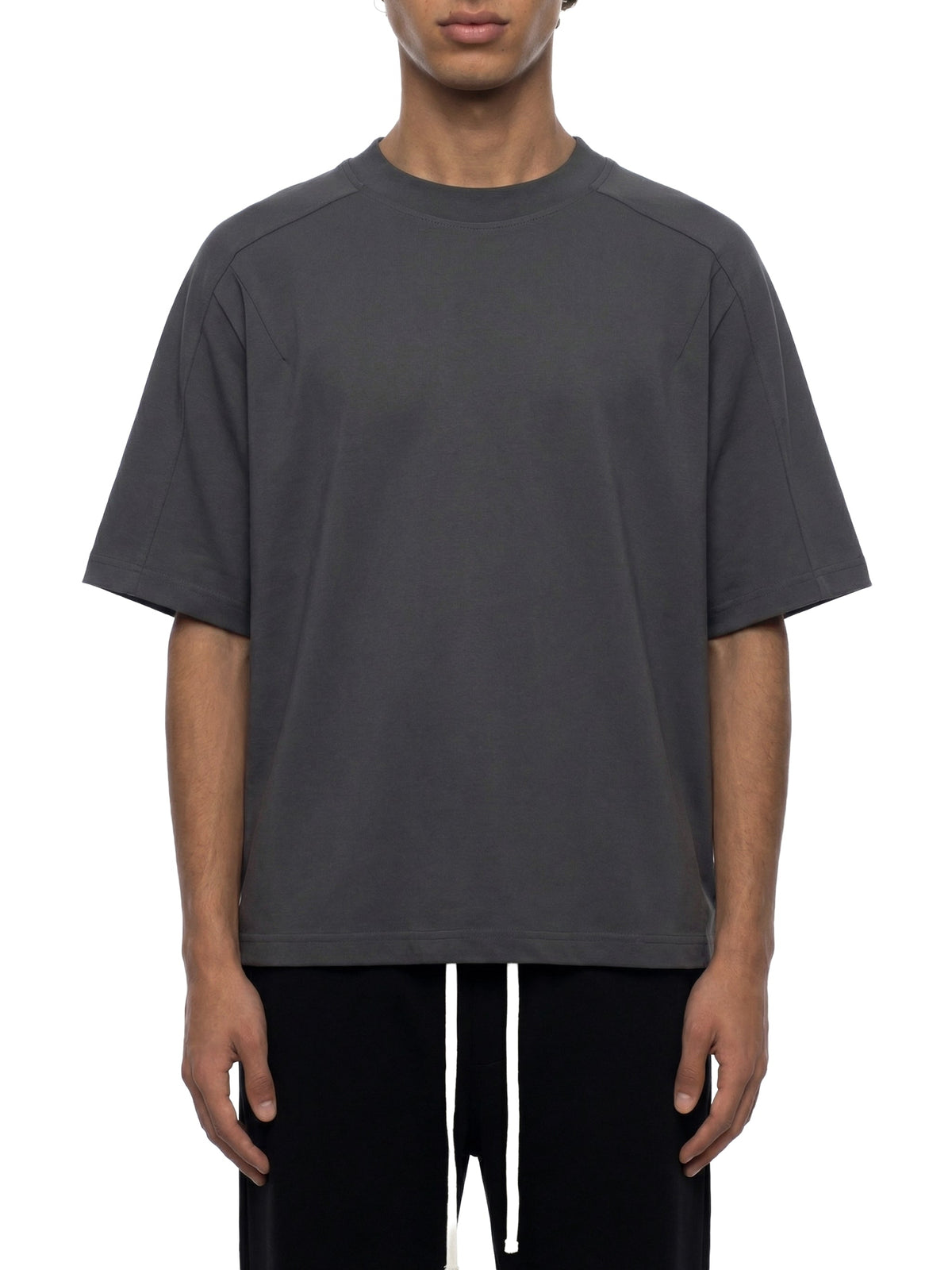 Off Script unisex boxy tonal paneling T-shirt – Dark Gray model front
