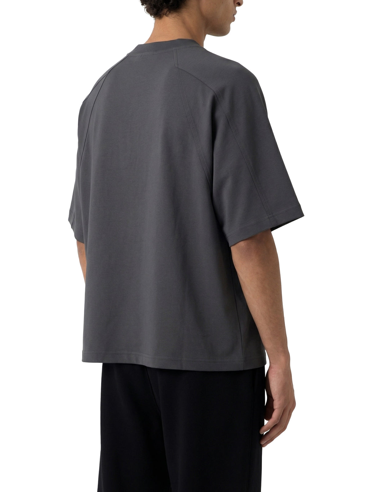 Off Script unisex boxy tonal paneling T-shirt – Dark Gray model rear angle