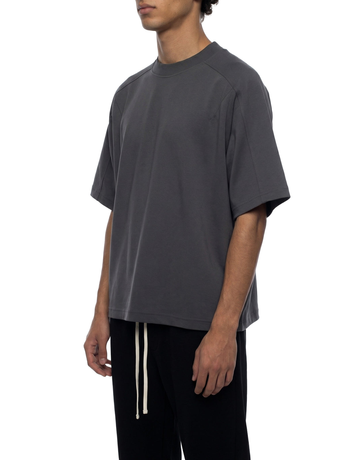 Off Script unisex boxy tonal paneling T-shirt – Dark Gray model front angle