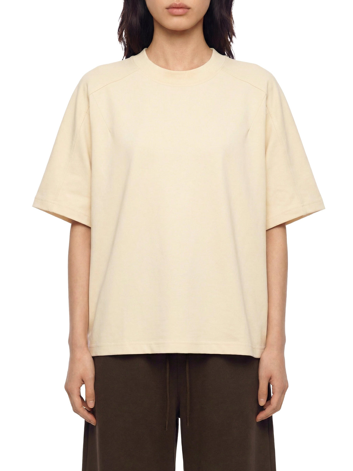 Off Script unisex boxy tonal paneling T-shirt – Apricot model front