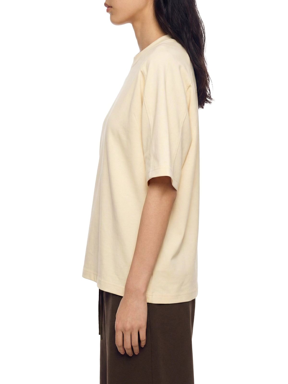 Off Script unisex boxy tonal paneling T-shirt – Apricot model side
