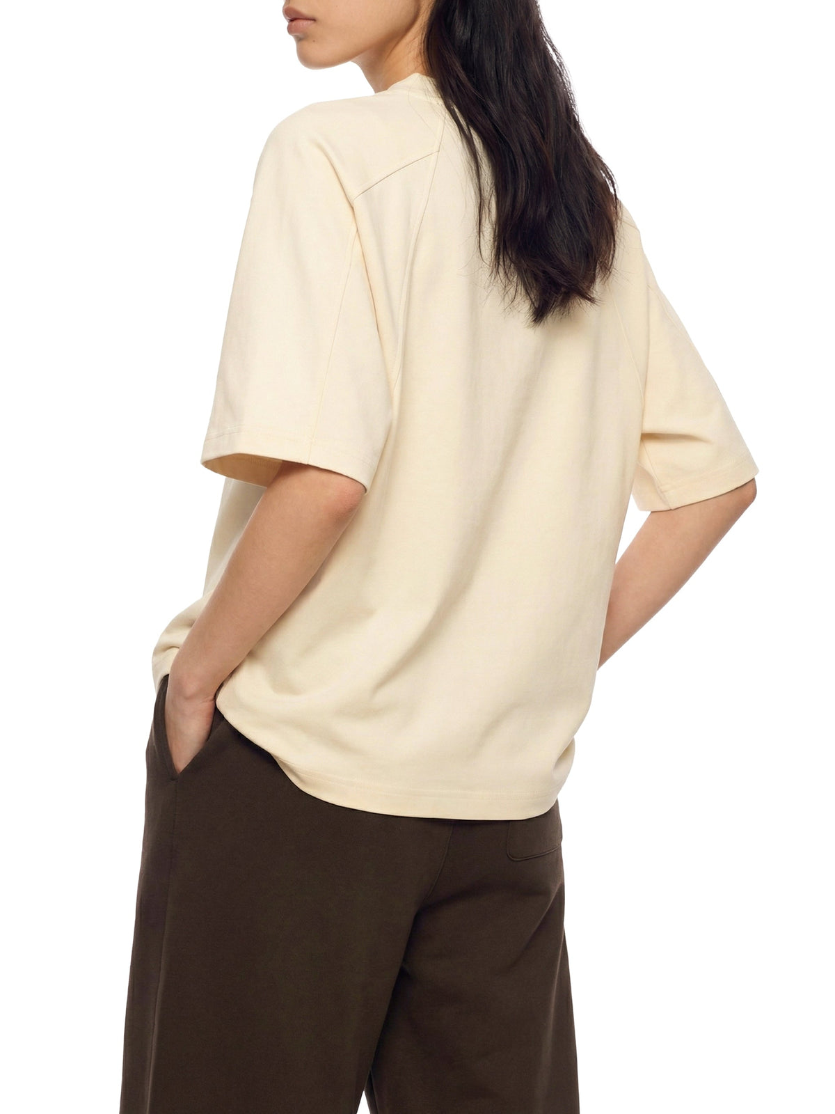 Off Script unisex boxy tonal paneling T-shirt – Apricot model rear angle