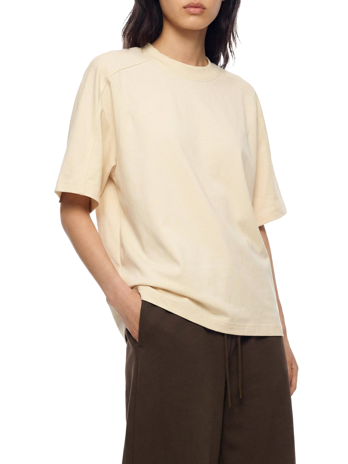 Off Script unisex boxy tonal paneling T-shirt – Apricot model front angle