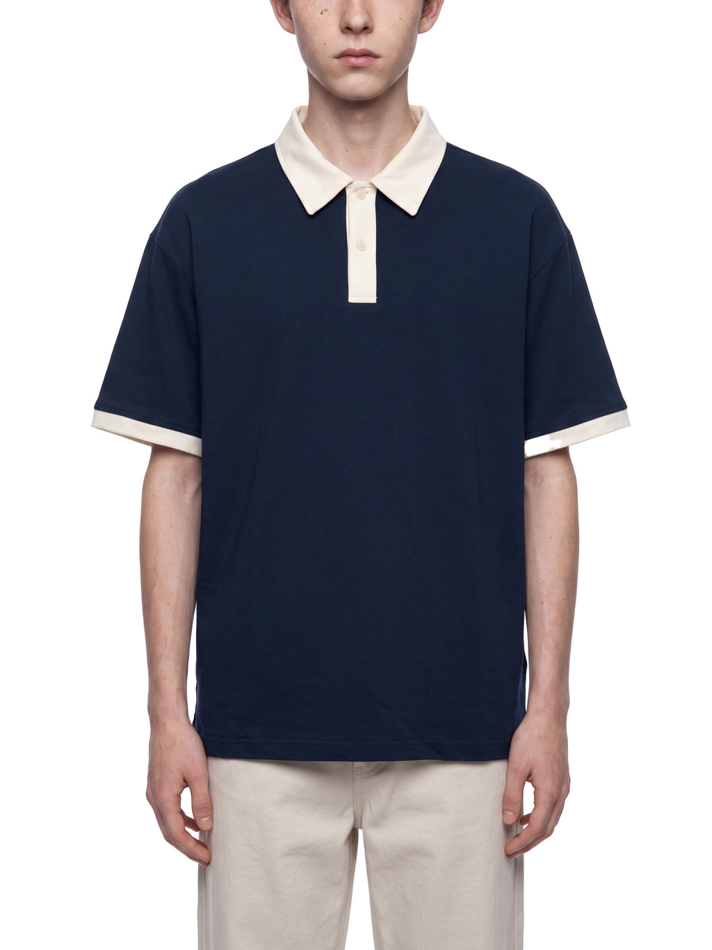 Off Script Unisex Color Block Polo Shirt on male model front view