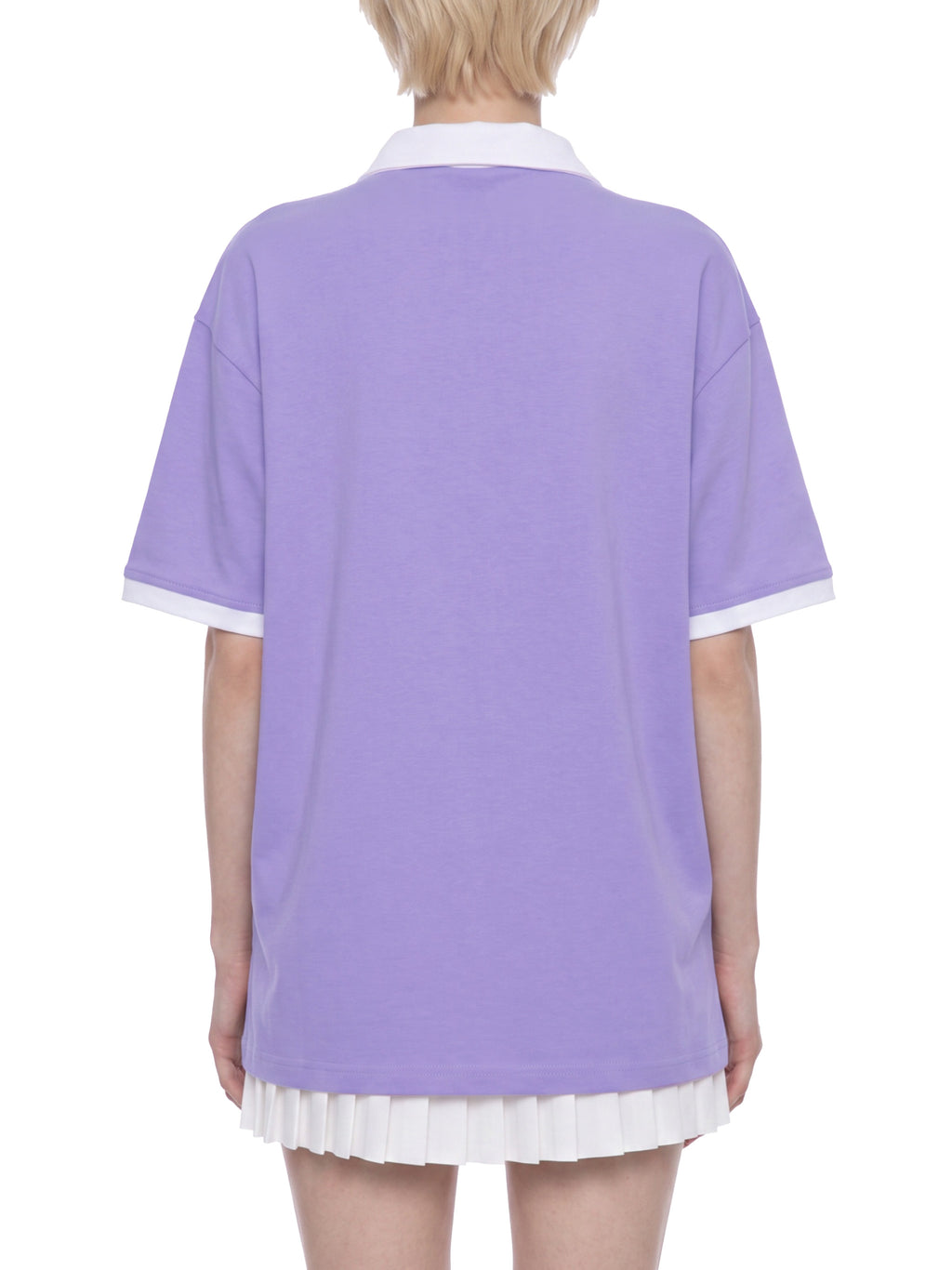 Off Script Unisex Color Block Polo Shirt on female model back view