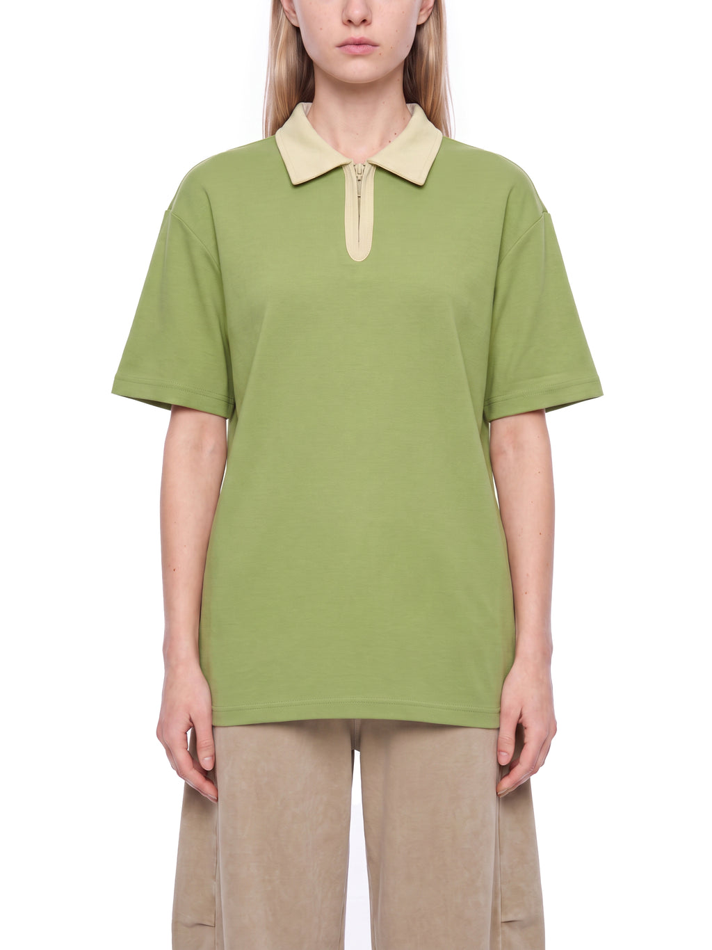 Off Script Unisex Color Block Quarter-Zip Polo Shirt on female model front view