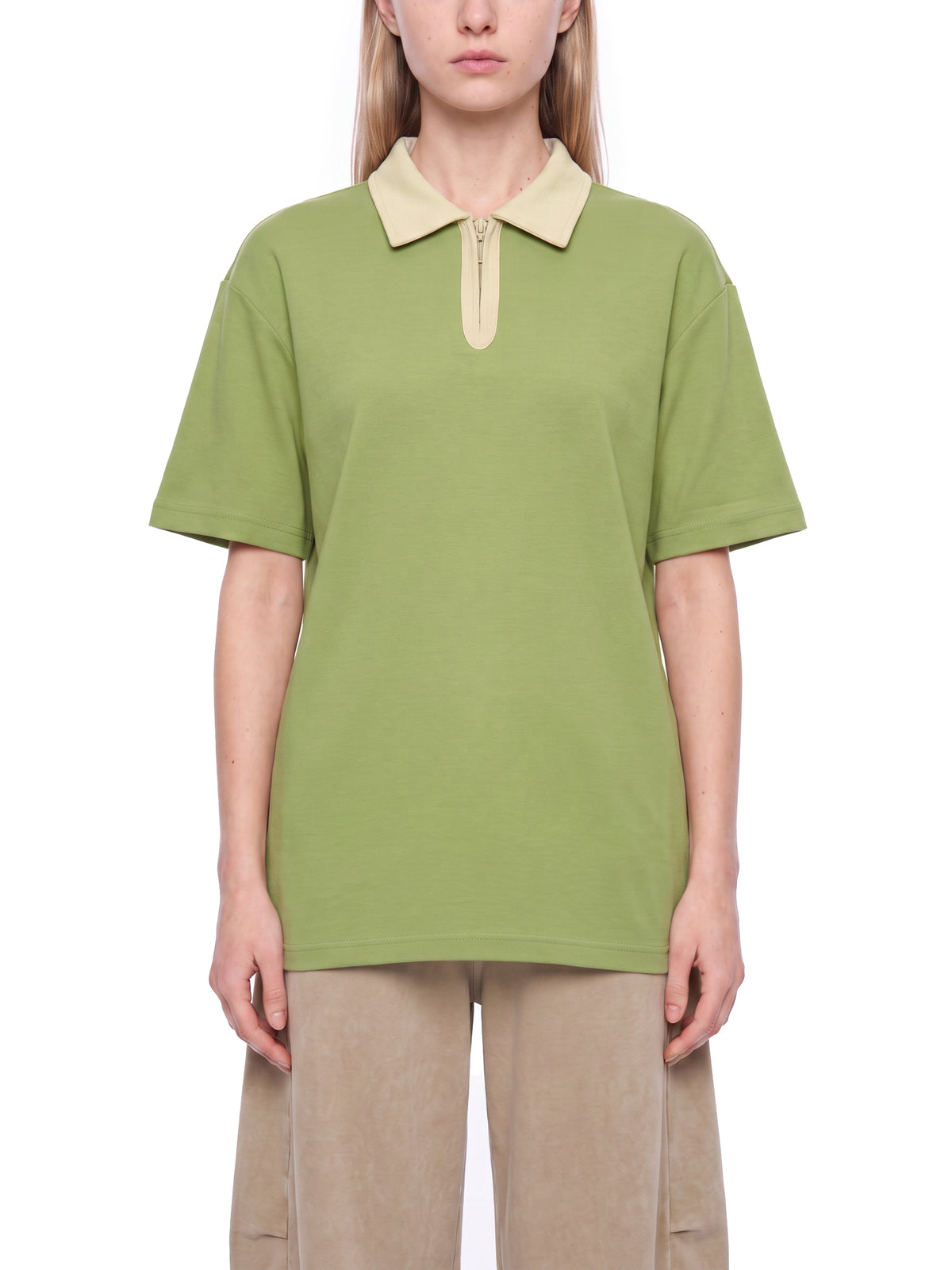 Off Script Unisex Color Block Quarter-Zip Polo Shirt on female model front view
