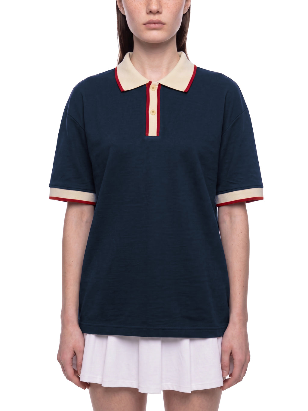 Off Script Unisex Color Block Polo Shirt on female model front view