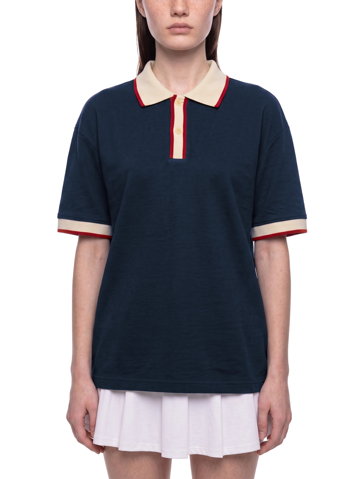 Off Script Unisex Color Block Polo Shirt on female model front view