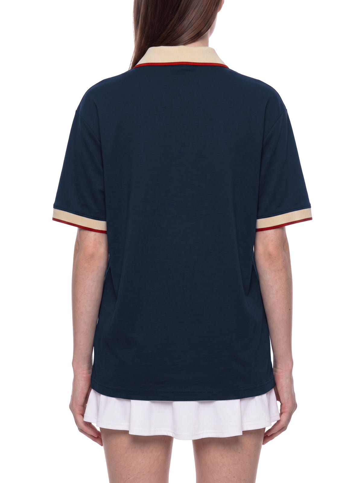 Off Script Unisex Color Block Polo Shirt on female model back view