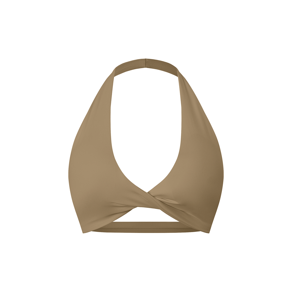 Off Script Women’s Pleated Halter Sports Bra Khaki front mockup