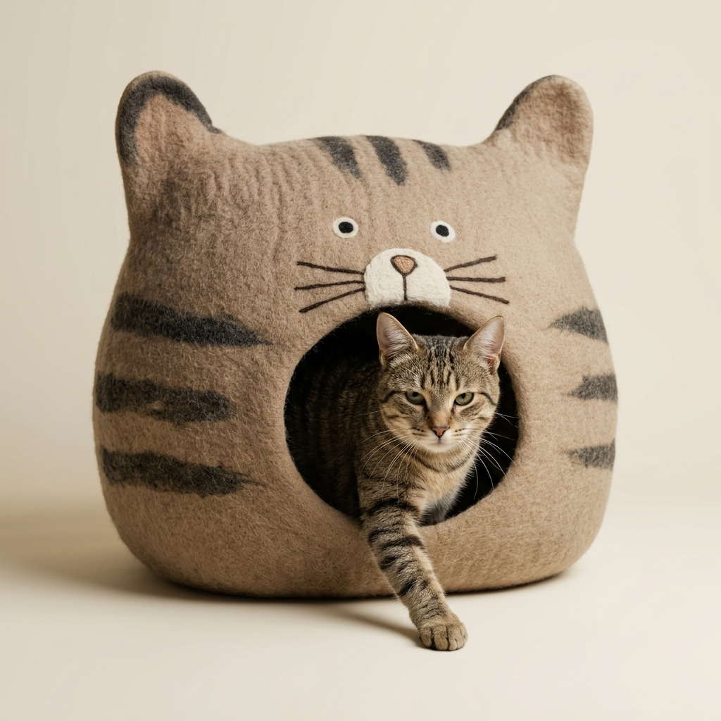 Tabby Cat Face Wool Cat Cave Bed