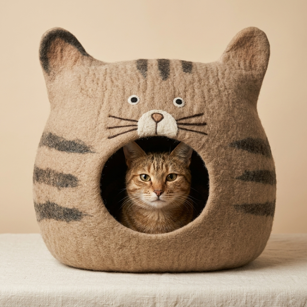 Tabby Cat Face Wool Cat Cave Bed