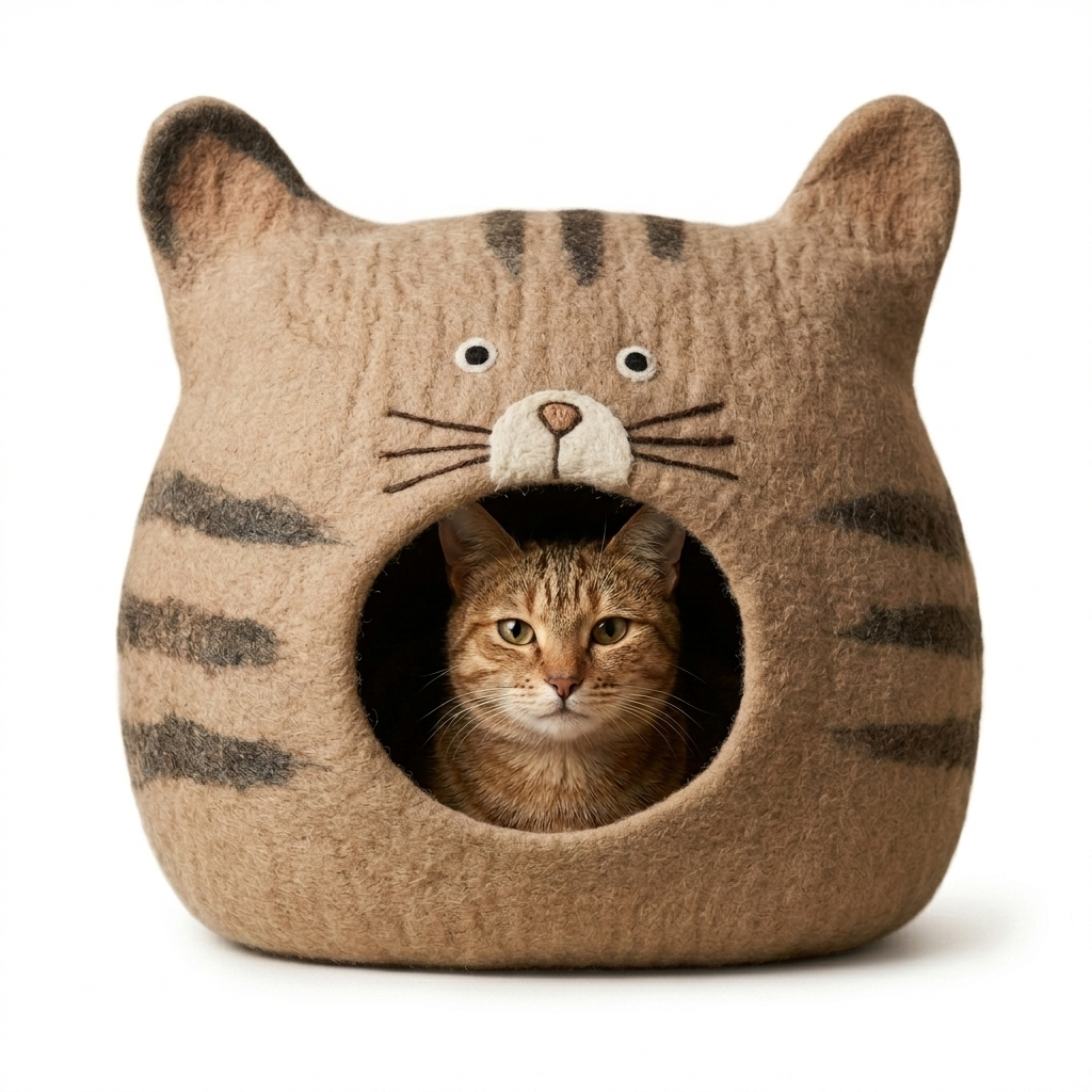 Tabby Cat Face Wool Cat Cave Bed