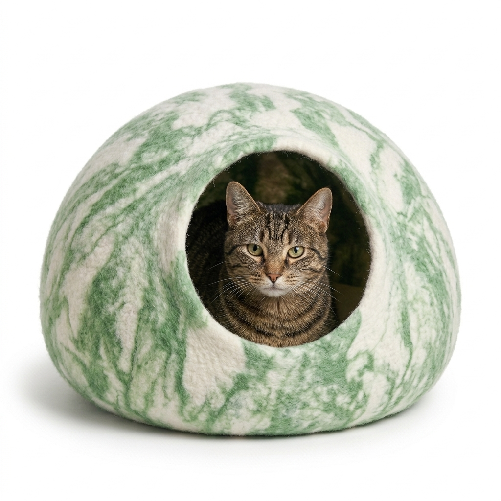 Green Marble Wool Cat Cave Bed