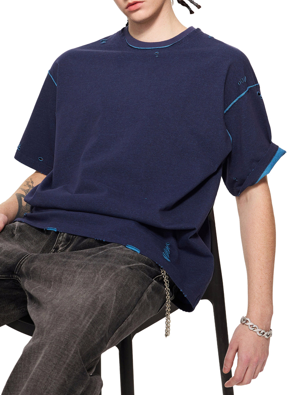 Unisex Hand-Frayed Reversible T-Shirt in Navy Blue with Light Blue - model side view