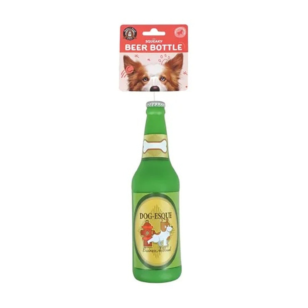 Green beverage bottle squeaky dog toy