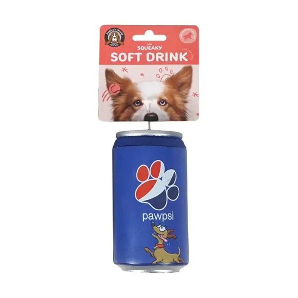 Blue soft drink can squeaky dog toy
