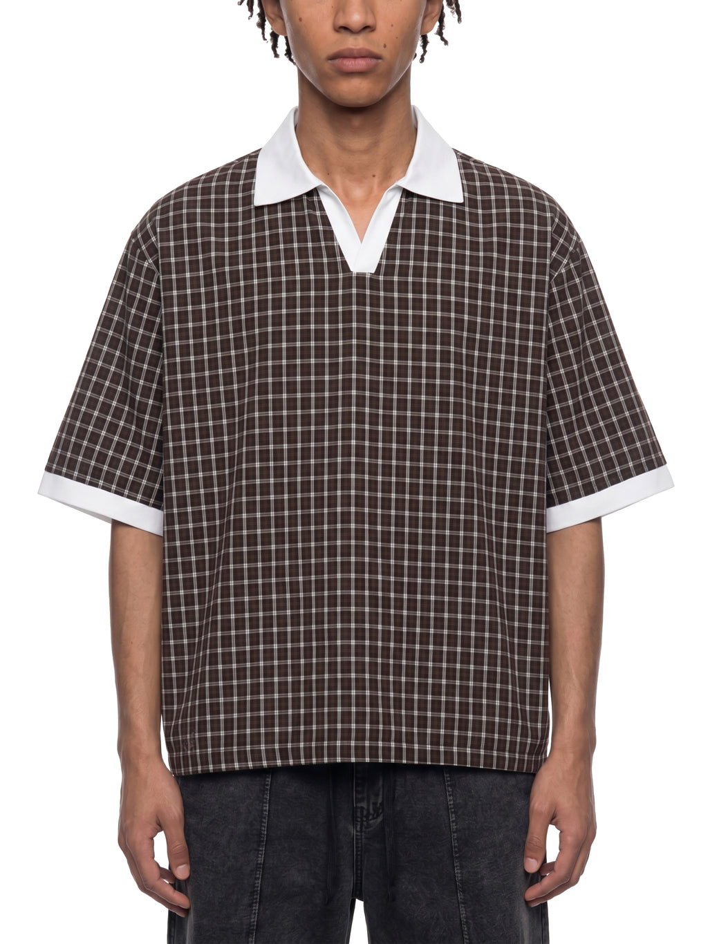 Unisex Boxy Plaid Color Block Polo Shirt gallery 3