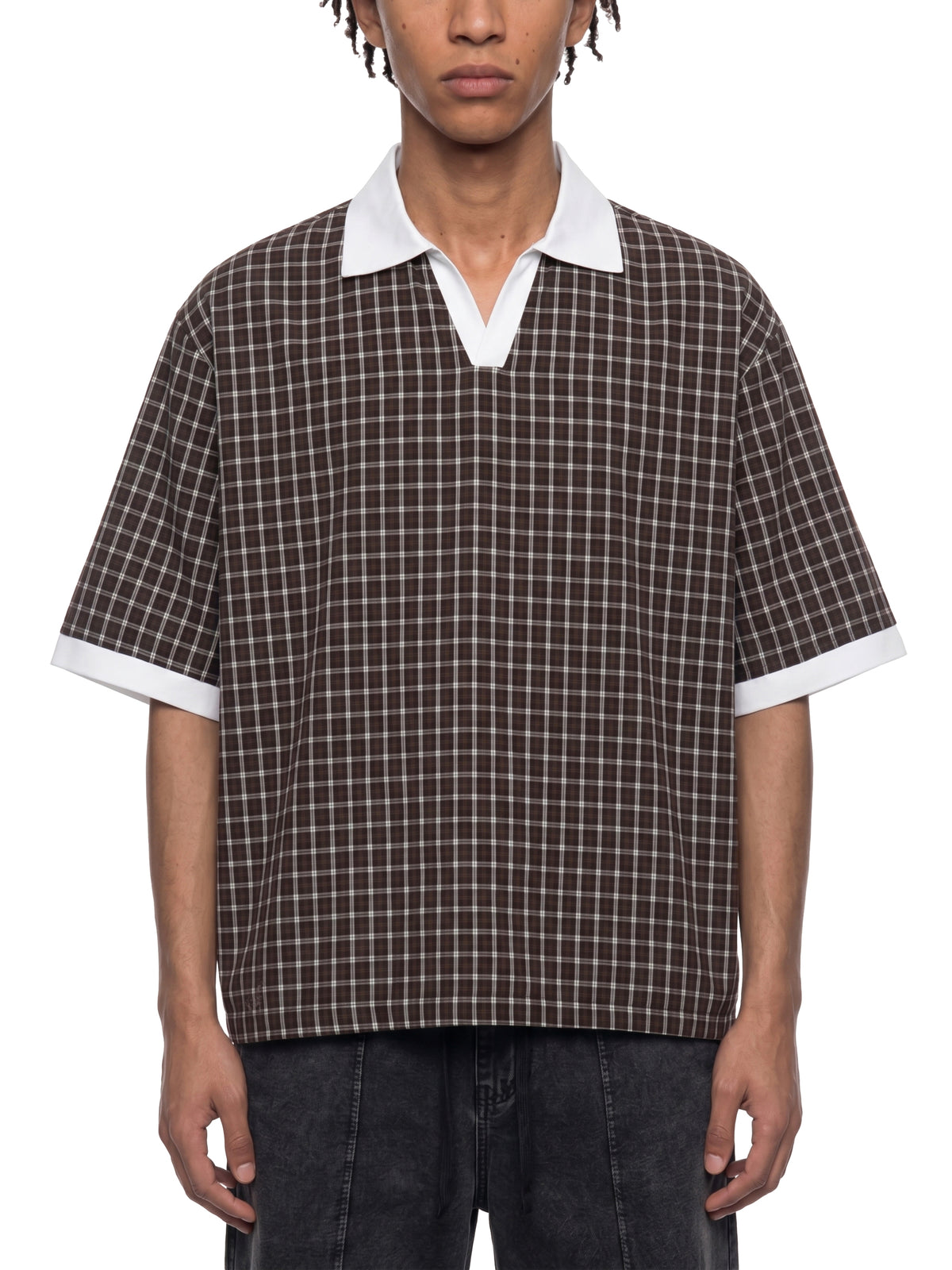 Unisex Boxy Plaid Color Block Polo Shirt gallery 3