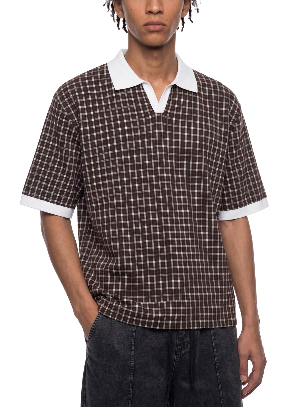 Unisex Boxy Plaid Color Block Polo Shirt gallery 5
