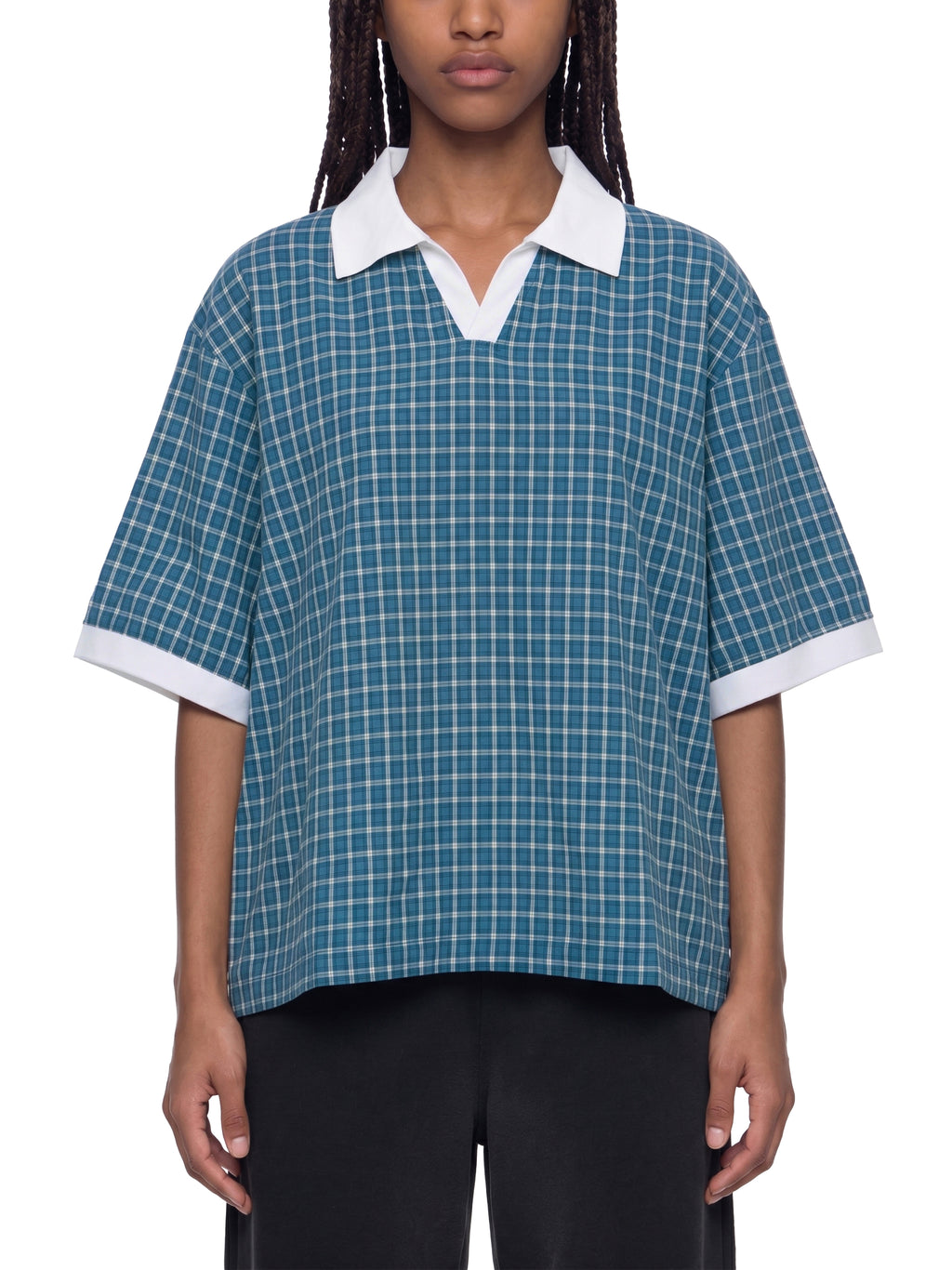 Unisex Boxy Plaid Color Block Polo Shirt gallery 8