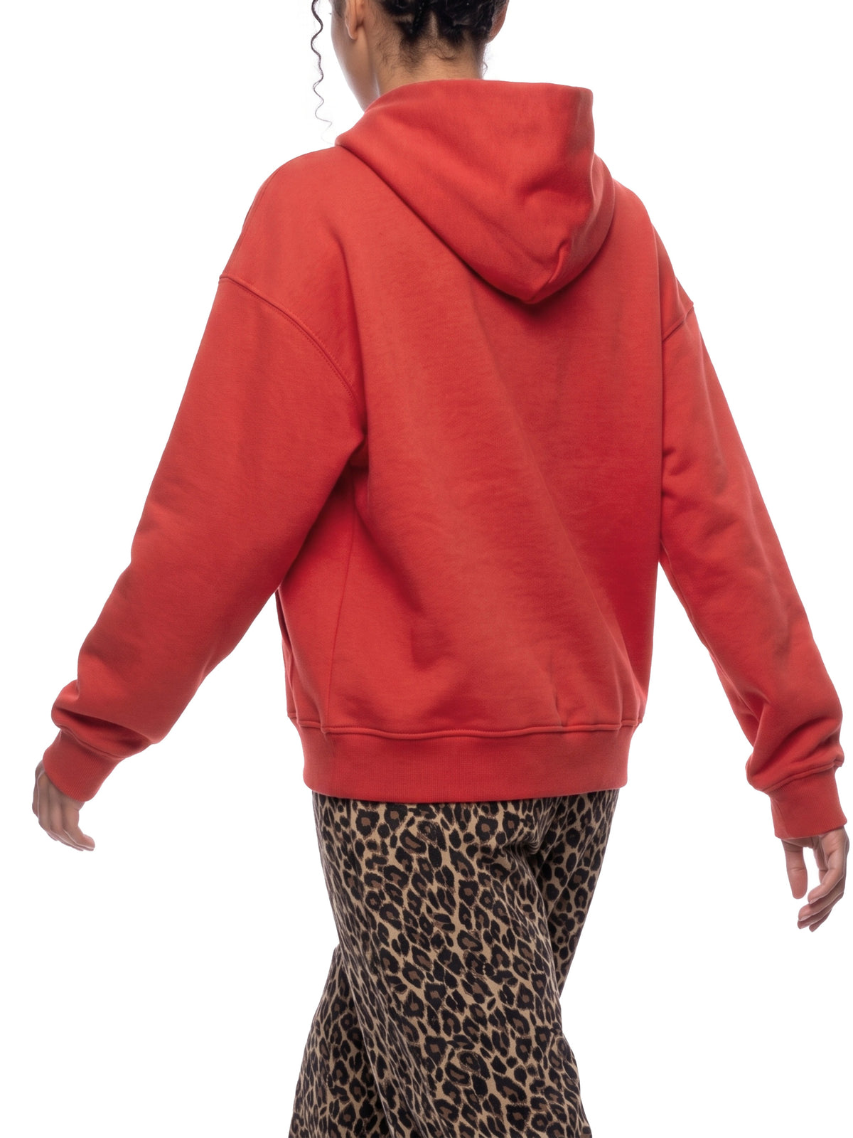 Unisex Heavyweight Full Zip Boxy Hoodie - Red female model back angle