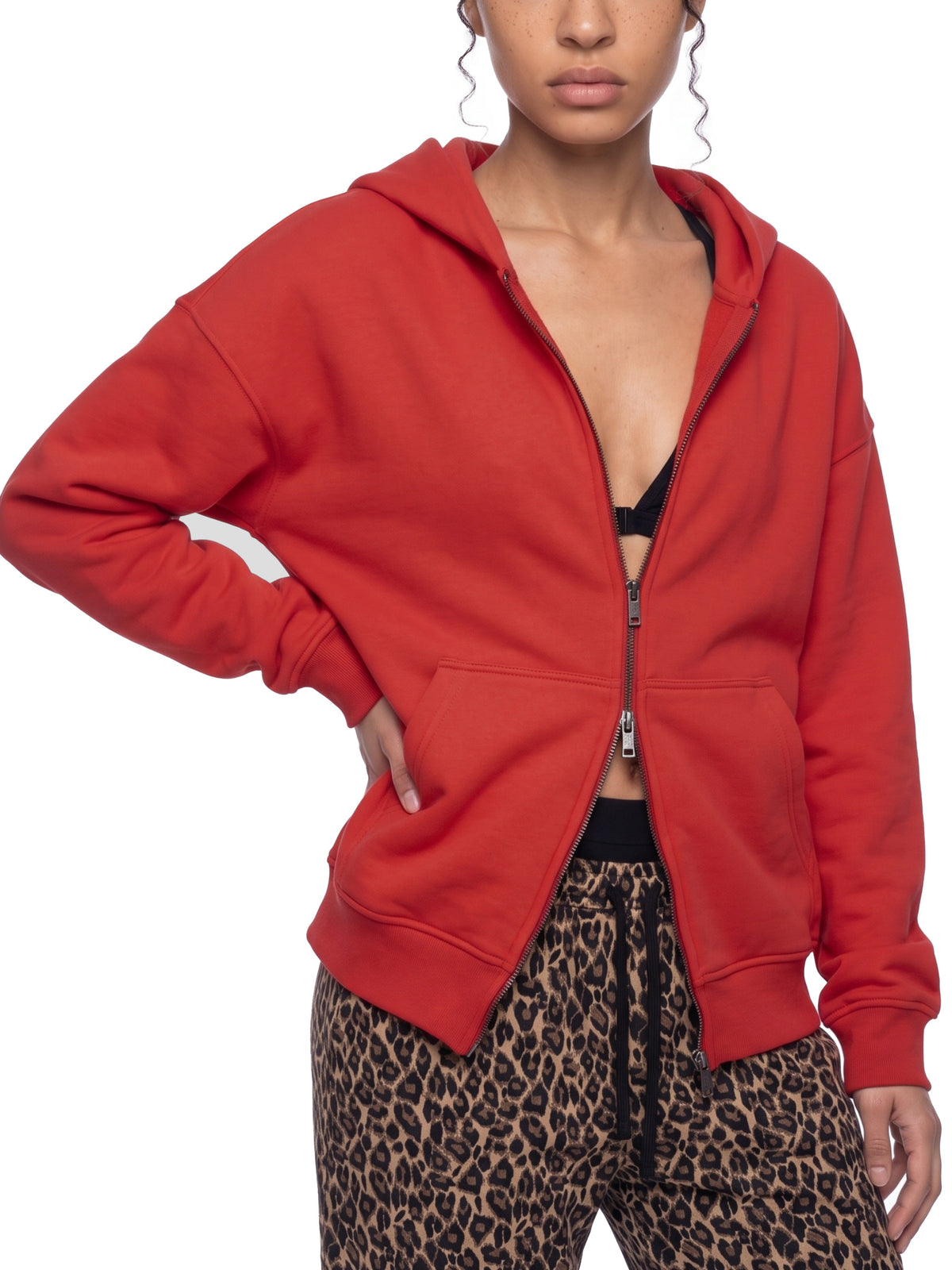 Unisex Heavyweight Full Zip Boxy Hoodie - Red female model front angle