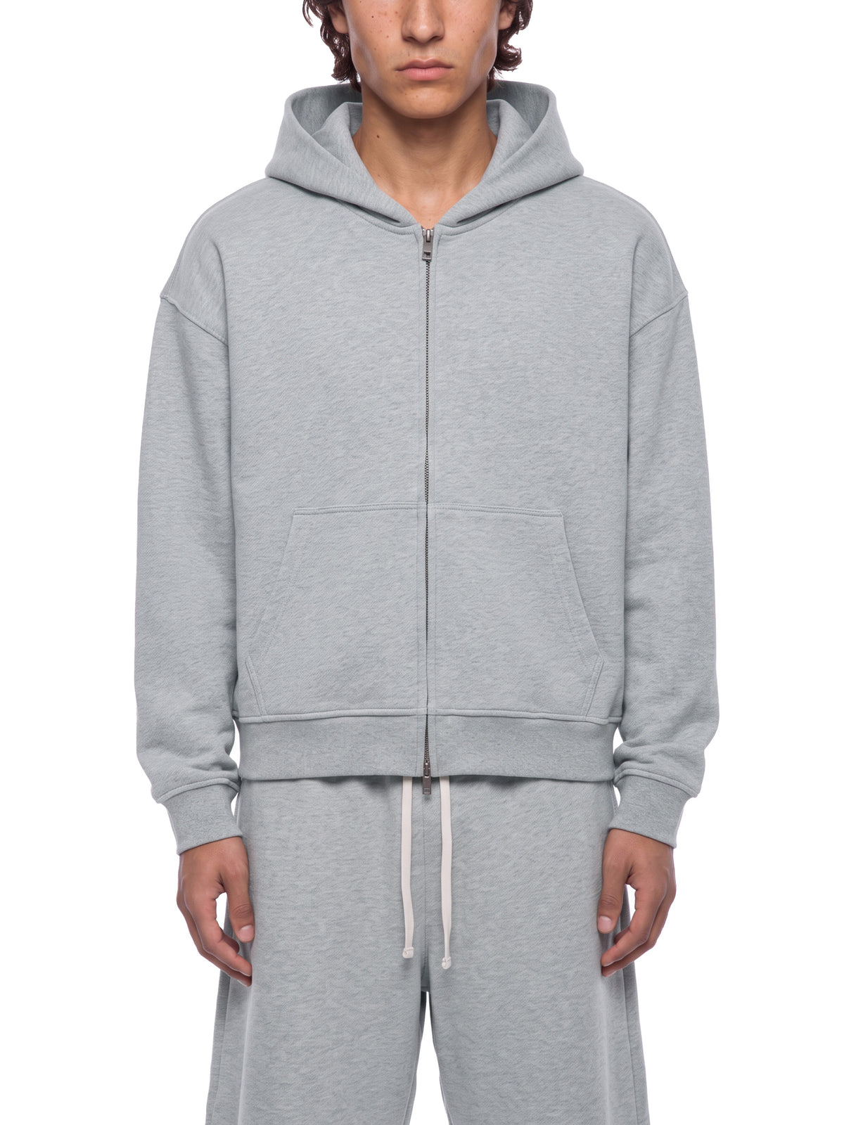 Unisex Heavyweight Full Zip Boxy Hoodie - Flower Gray male model front