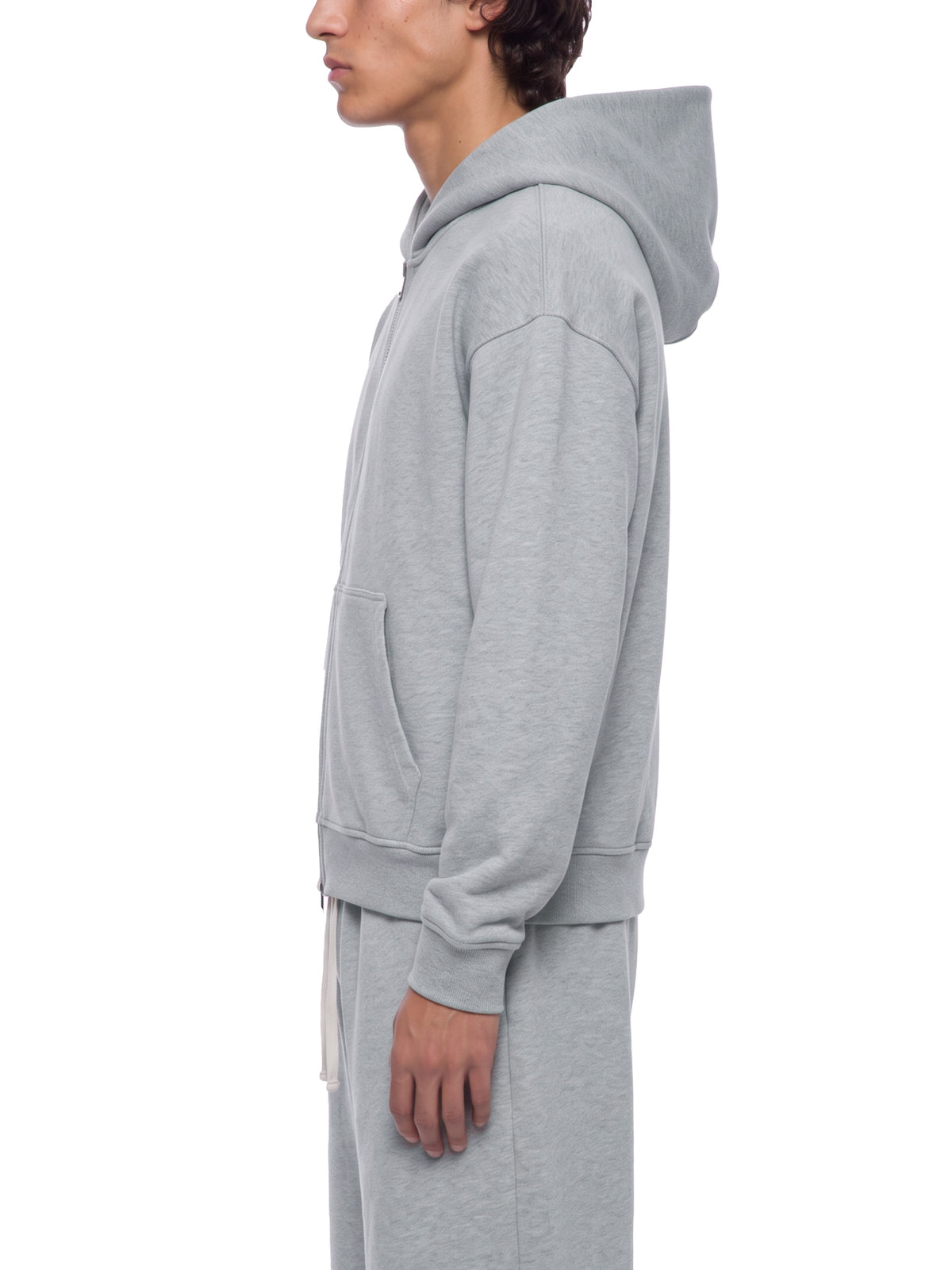 Unisex Heavyweight Full Zip Boxy Hoodie - Flower Gray male model side