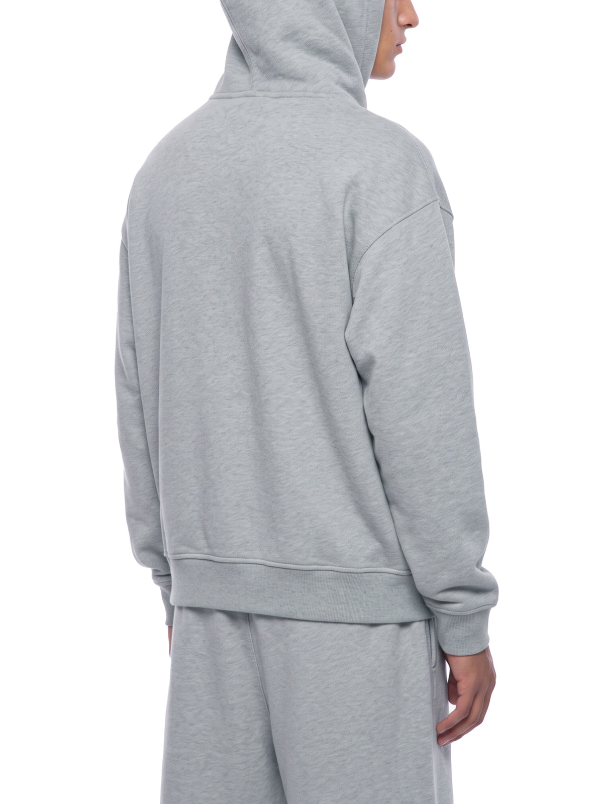 Unisex Heavyweight Full Zip Boxy Hoodie - Flower Gray male model back angle