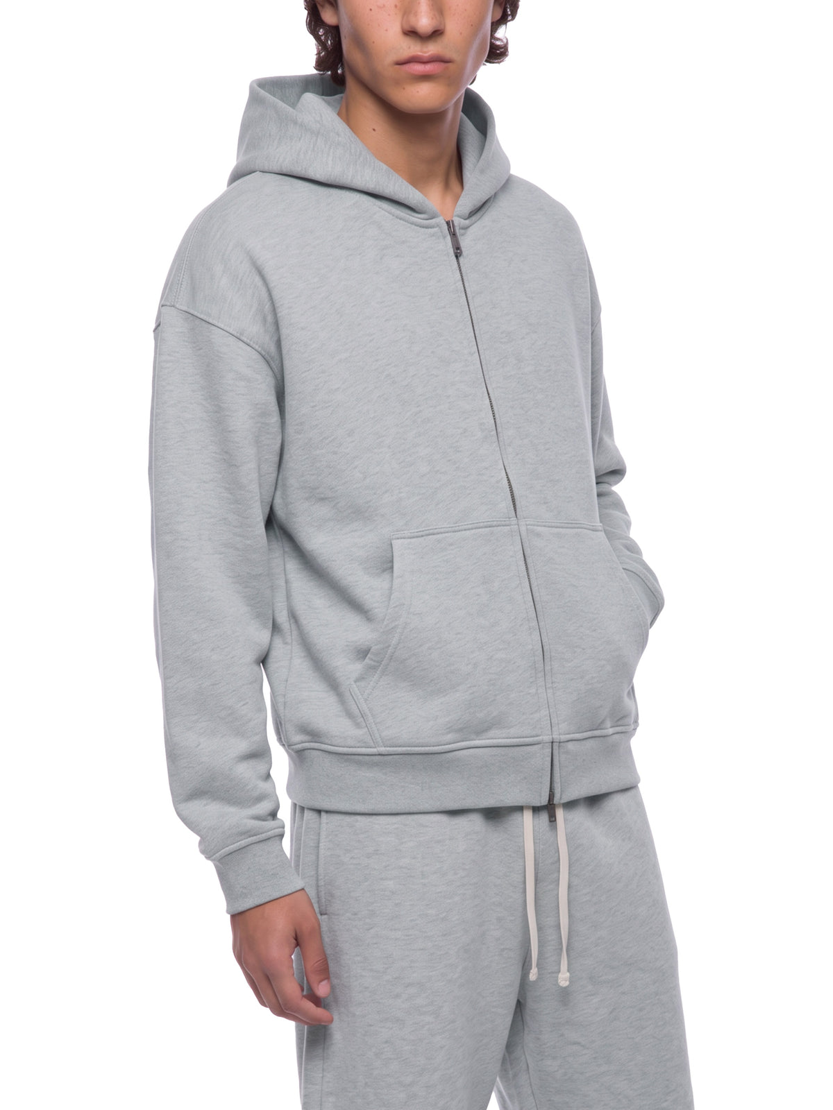 Unisex Heavyweight Full Zip Boxy Hoodie - Flower Gray male model front angle