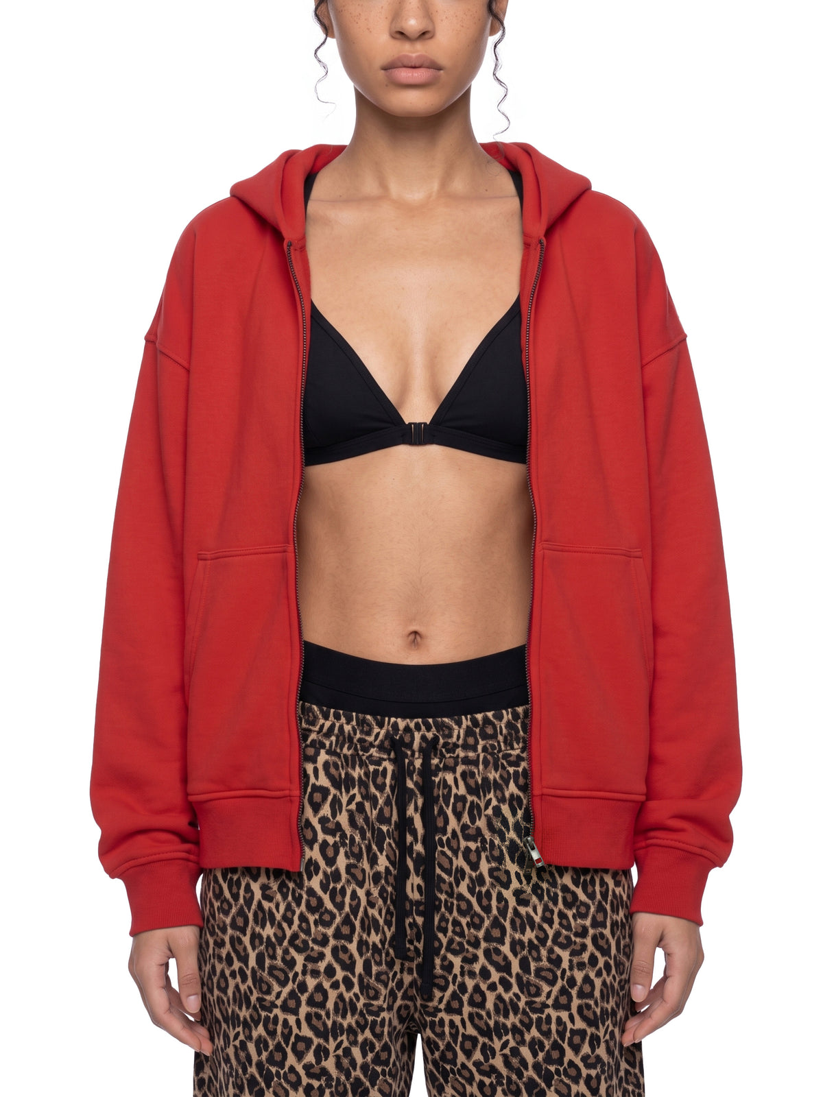 Unisex Heavyweight Full Zip Boxy Hoodie - Red female model front