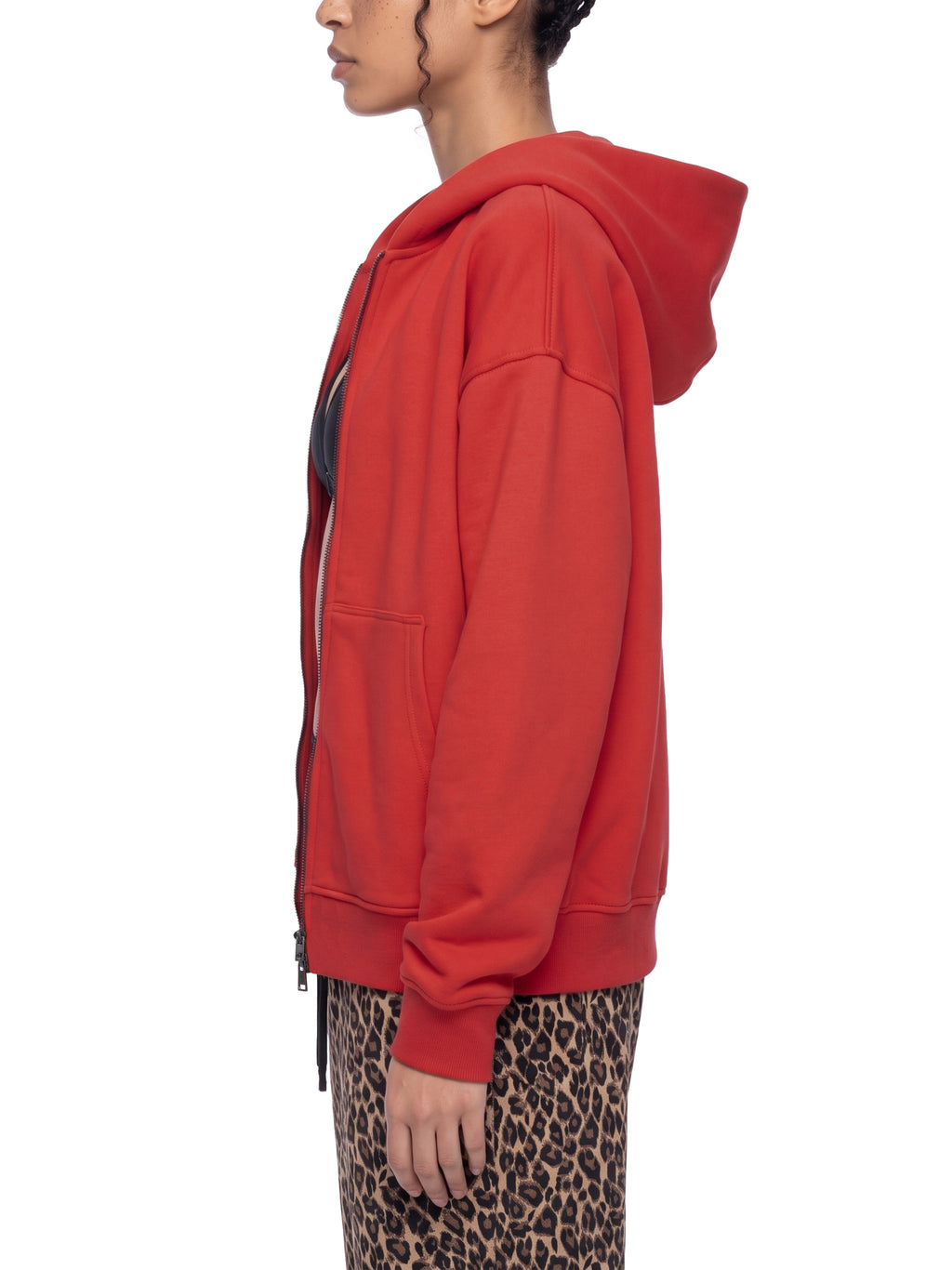 Unisex Heavyweight Full Zip Boxy Hoodie - Red female model side