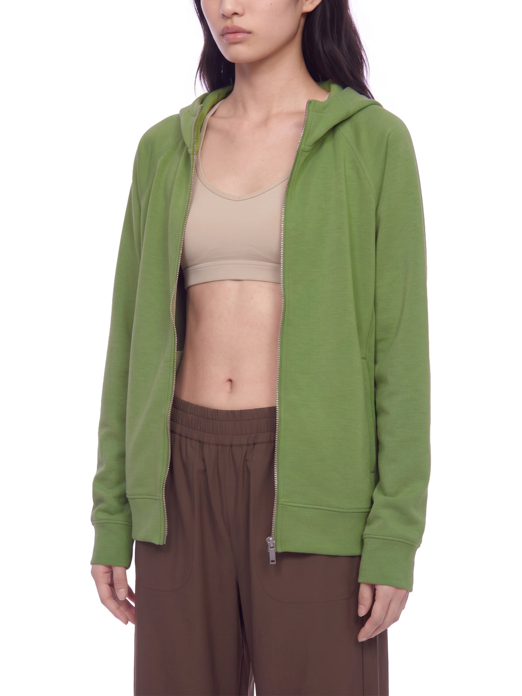 Unisex Raglan Full Zip Hoodie - Avocado Green female model front angle