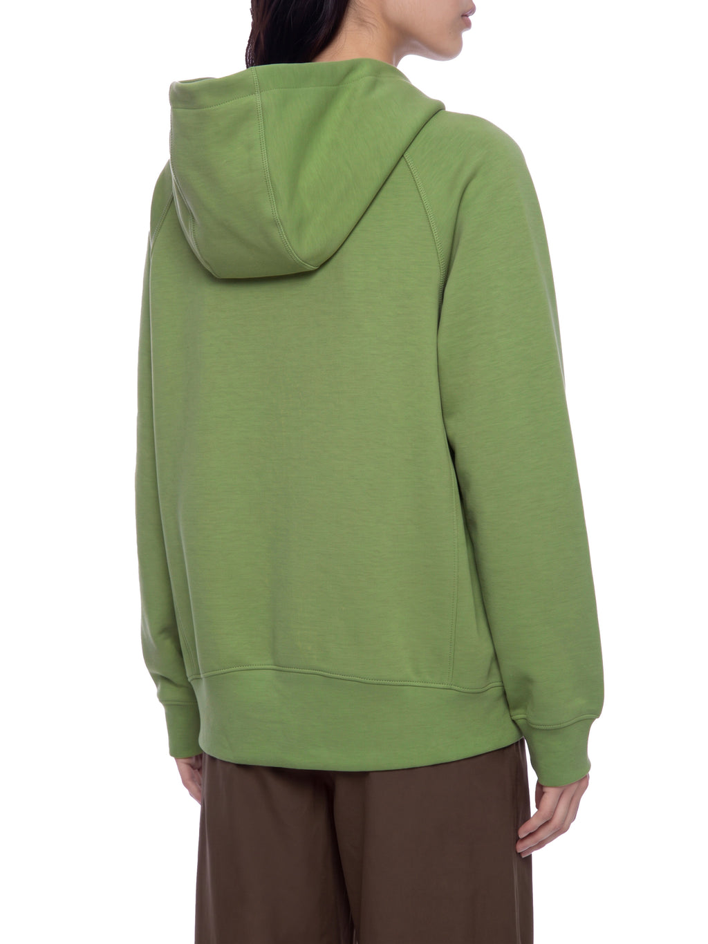 Unisex Raglan Full Zip Hoodie - Avocado Green female model back angle