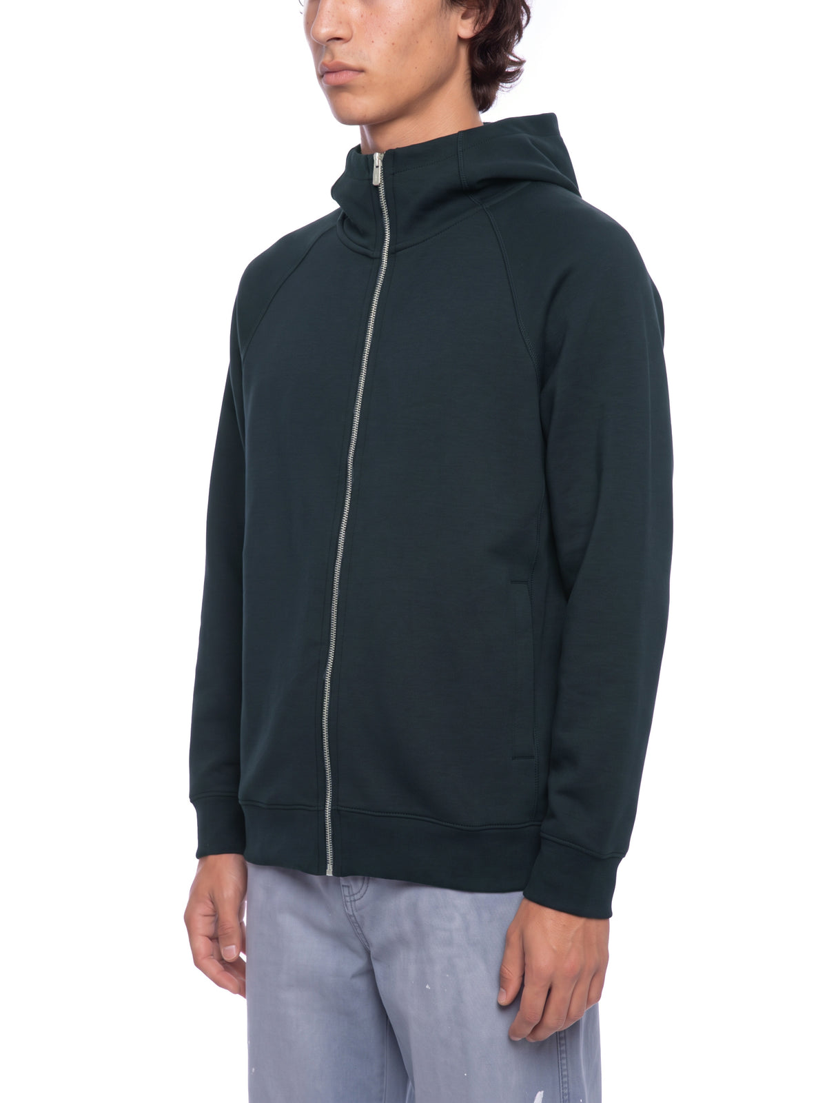 Unisex Raglan Full Zip Hoodie - Black male model front angle