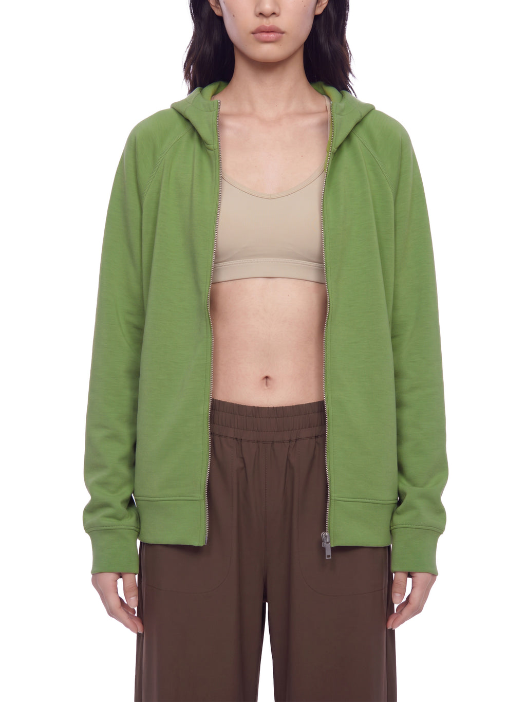 Unisex Raglan Full Zip Hoodie - Avocado Green female model front