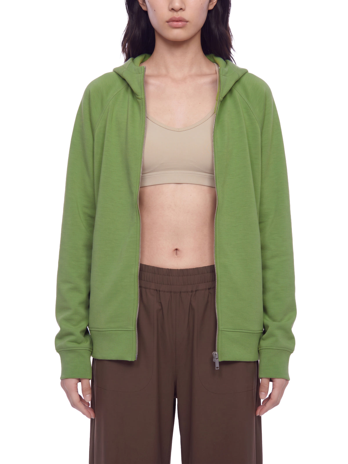 Unisex Raglan Full Zip Hoodie - Avocado Green female model front