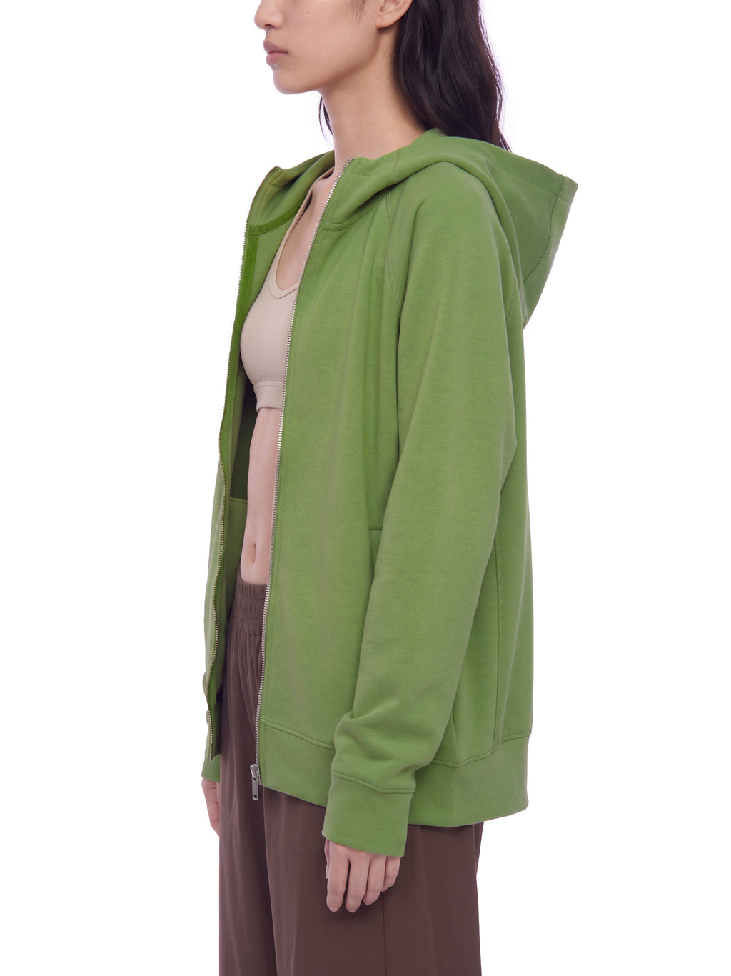 Unisex Raglan Full Zip Hoodie - Avocado Green female model side