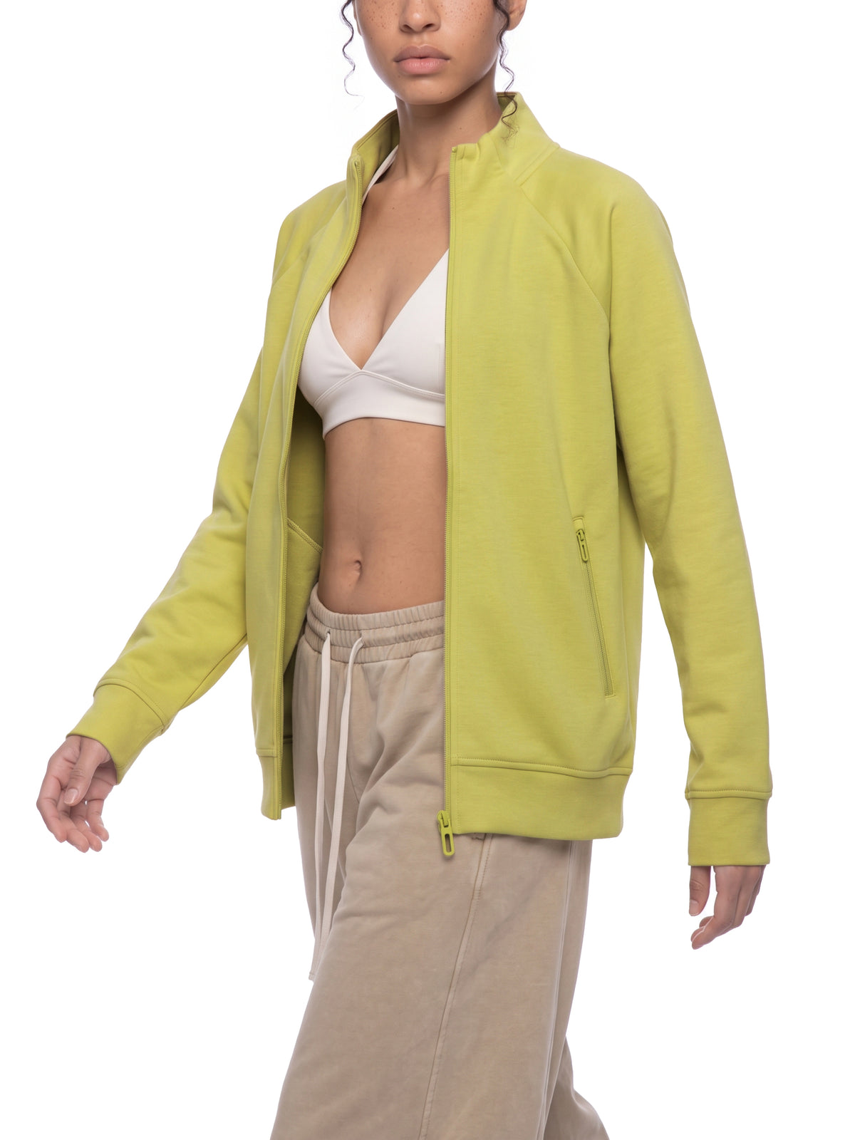 Unisex Stand Collar Jacket - Lime Yellow female model front angle