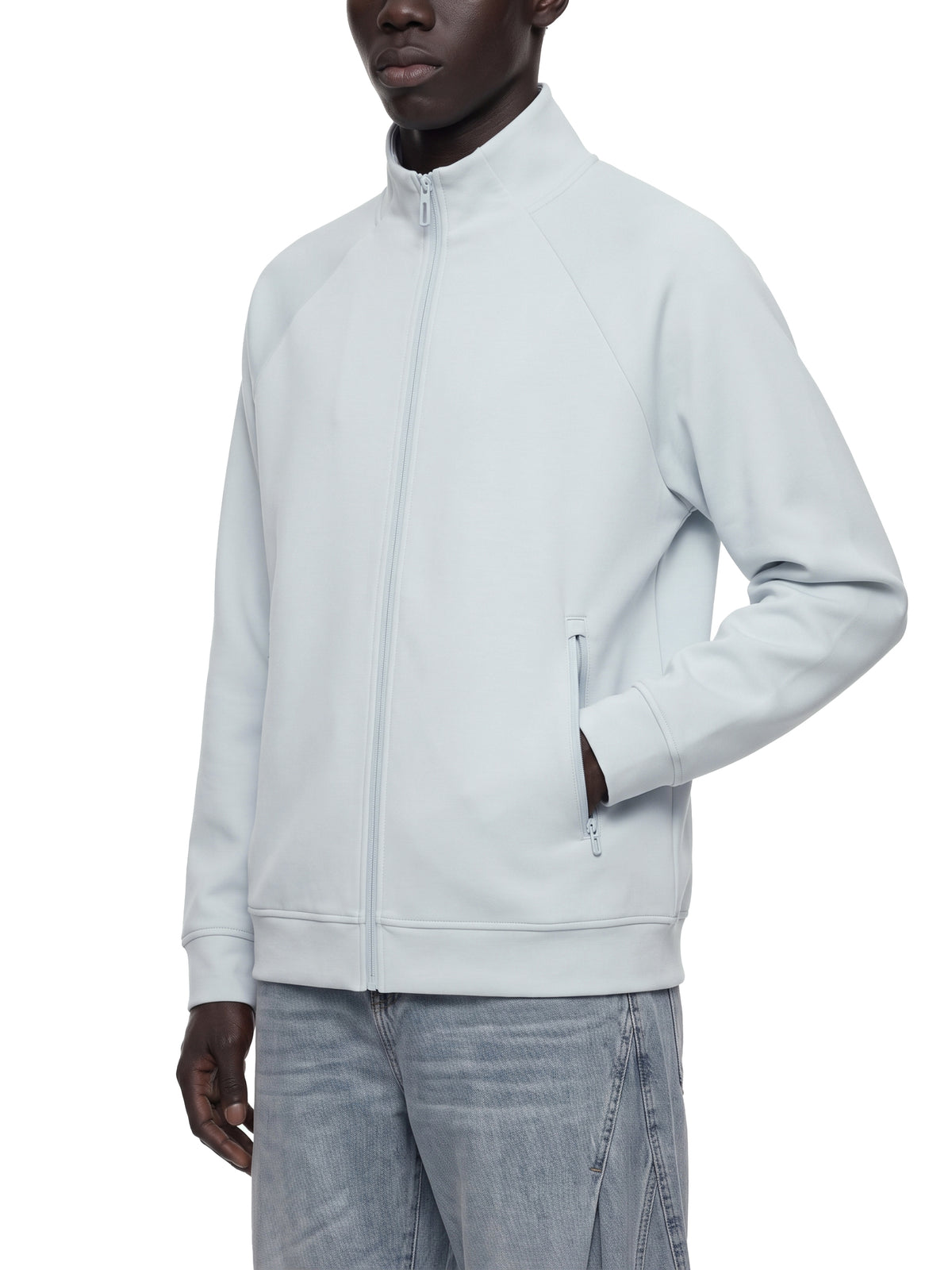 Unisex Stand Collar Jacket - Light Blue male model front angle