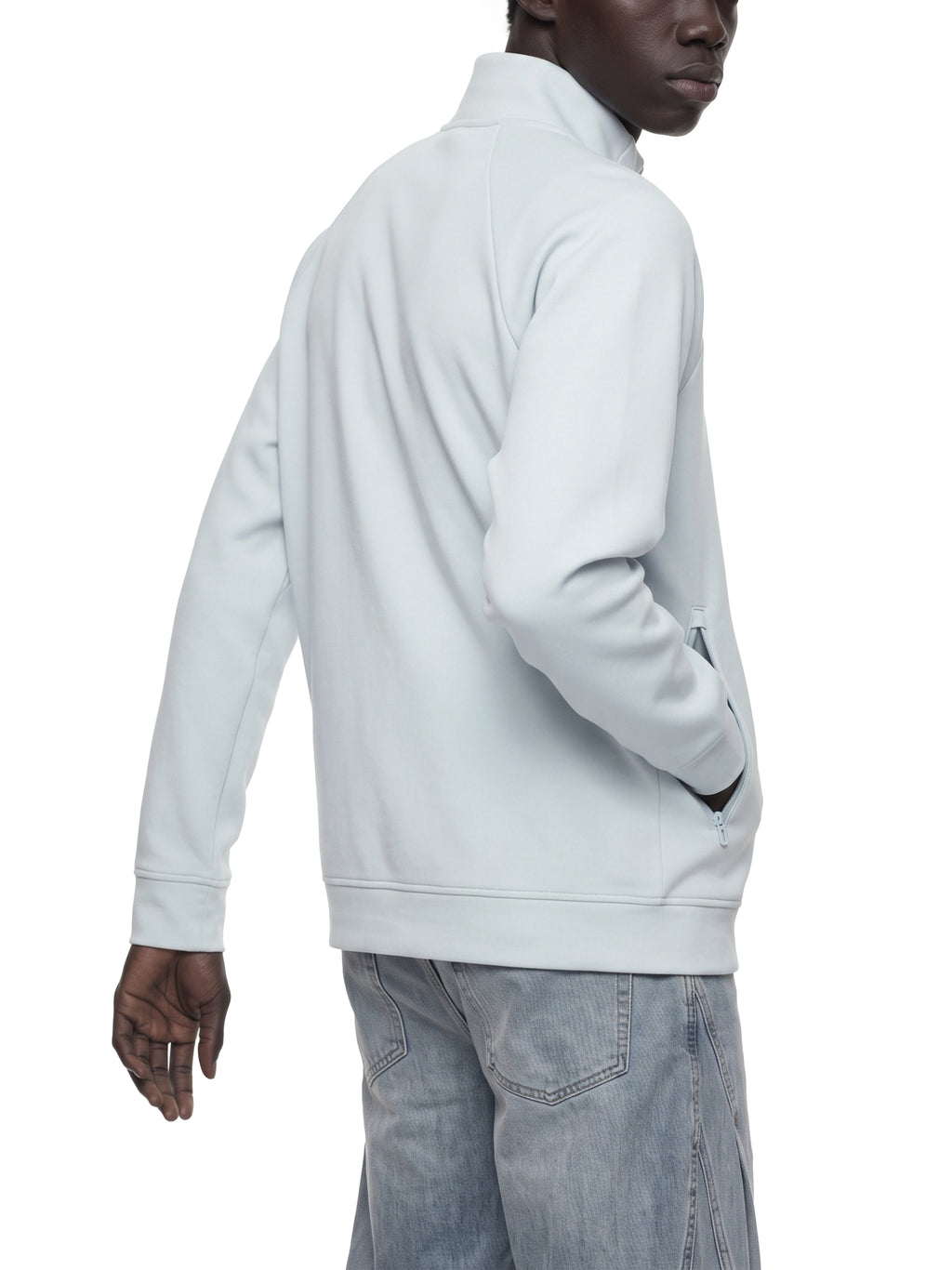 Unisex Stand Collar Jacket - Light Blue male model back angle