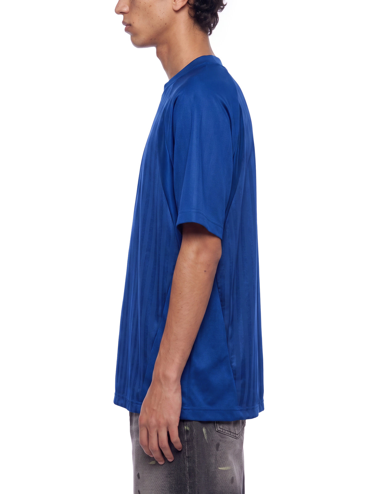 Unisex Striped Soccer Jersey royal blue model side view