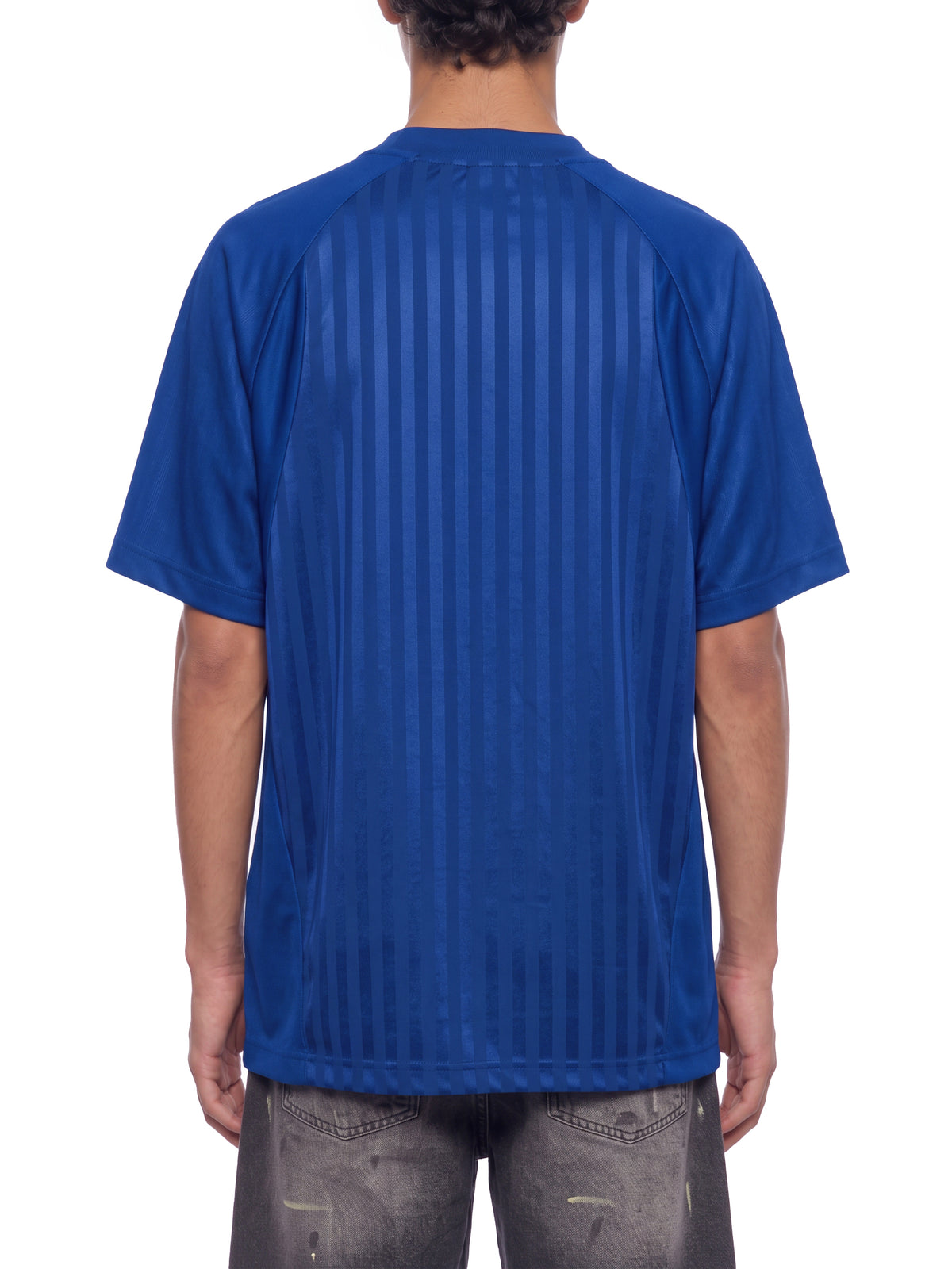 Unisex Striped Soccer Jersey royal blue model back view