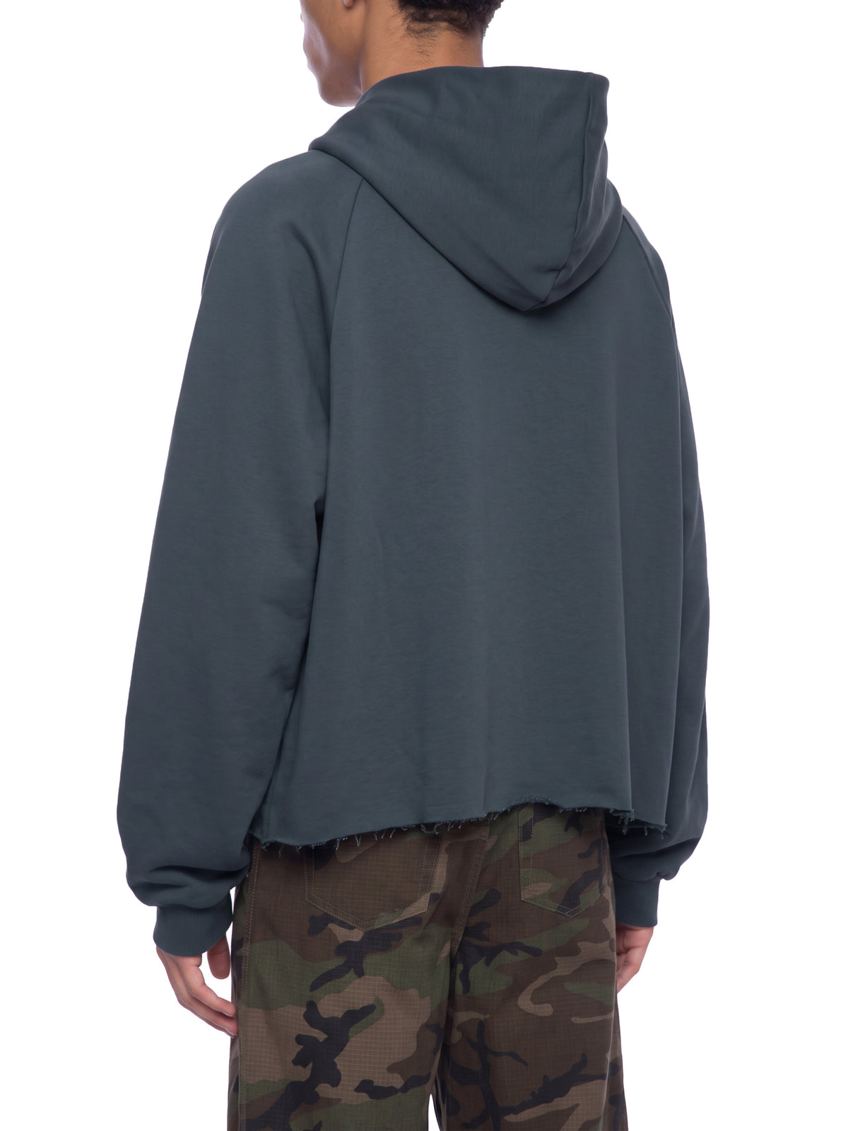 Unisex Vintage Wash Raw Edge Boxy Hoodie blue model angled back view
